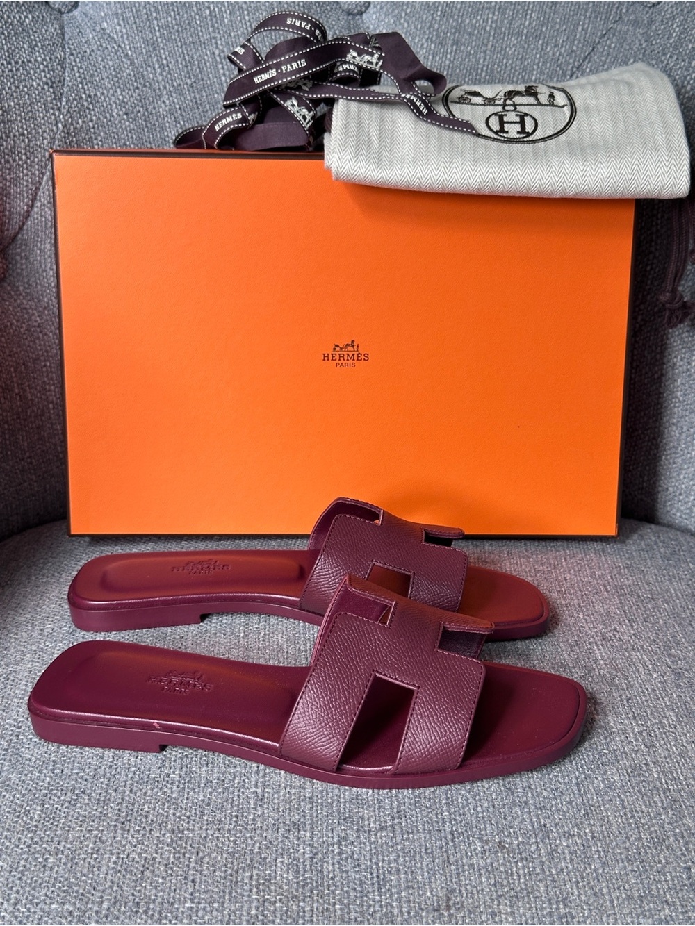 HERMES ORAN SANDALS ROUGE H EPSOM LEATHER FLIP FLOPS SHOES FLAT SLIDES size 37